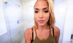 Blonde with big eyes and tits Selena Sosa nicely sucks a boner