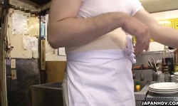 Mimi Asuka shows off her round bottom in the kitchen