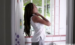 Julie Kay gives a passionate interracial blowjob on the knees