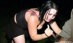 Astonishing black-haired slut gets her mouth fucked by big cocks