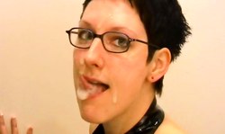 Nerdy amateur brunette sucks a dick and gets facialized