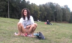 Awesome public slut sticks a pink dildo deep in her little crack