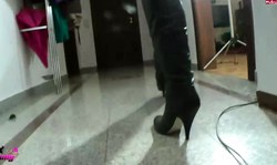 Godlike blonde sexy Amy looks amazingly sexy in black leather boots