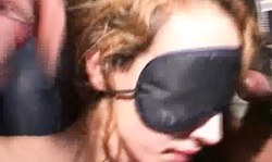 Ultimate blindfolded slut is swallowing sperm in french bukkake