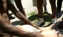 Very slutty white hottie with big boobs in outdoor french bukkake