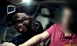 Elegant curly girl jumps on a fat boner of a taxi driver