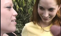 Sex-loving young bitches are sucking a big boner and getting the load