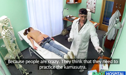 Fake doctor undressing slender girl and touching her booty