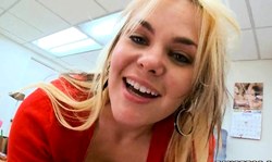 Sweet blondie MILF sucks a big sausage on the knees