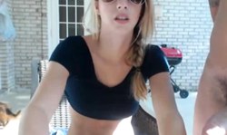 Blonde babe plays with huge cock