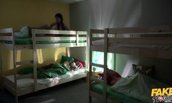 Fake Hostel: Brunette teen in 69 position with unknown guy