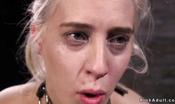 Gagged and hogtied blonde in dungeon