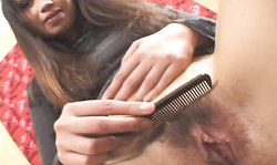 Lusty boss Bushy Bushy strokes a juicy hole of a sexy Sasha Yung