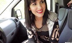 Horny babe with red lips swallowing juicy dick of a driver