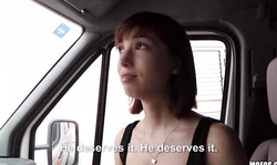 Short-haired teen kneels down and takes his wiener