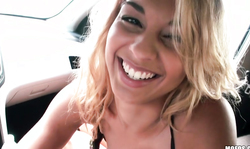 Latina with cute face sucking driver's dick in POV video