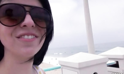 Playful brunette is kneeling down only to suck my massive cock