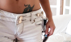 Lustful blonde gives a sloppy blowjob with a wide smile