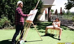 Fully naked busty teen Ella Knox is sucking in the garden