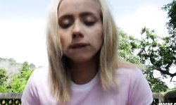 Blonde babe Public Pick UPs Veronica Leal demonstrates her big boobs