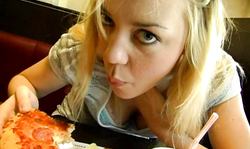 Awesome amateur blonde is eating pizza and giving an interview