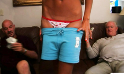 Sexy daddies are getting sucked by a slender young blonde