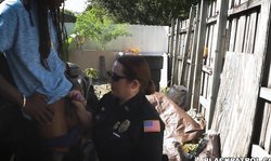 Sexy Black Patrol MILFs are performing a double interracial blowjob