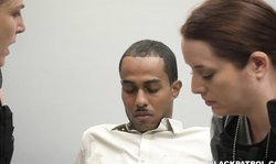 Two experienced Black Patrol white MILFs are sucking a big black cock