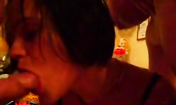 Brunette gives a juicy deep blowjob in the close-up