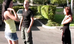 Black leather sofa is a perfect place for a threesome