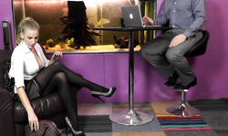 Busty amateur blonde is giving a good interview in the bar