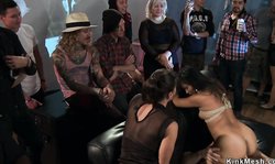 Asian babe ffm fucked in public