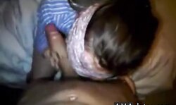 Blind folded girl deep throating a big dick