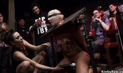 Blindfolded slave tormented in public