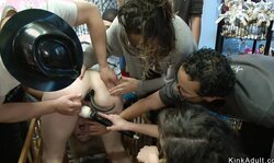 Blonde in cone collar fucked in public