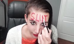 Smutty talking prostitute with body writing making her special schlong viewers curious while stripping and playing with her fat pussy