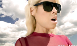 Elegant brunette Abigail Mac is kneeling down and taking a dick