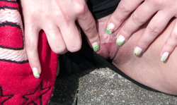 Kinky young babe spreads her legs and shows her shaved cunt outdoors in hot porn with facial