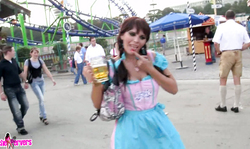 Slutty babe in a sexy costume gives a blowbang outdoors