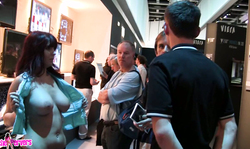 Blowjob in the public place by slutty brunette with big boobs