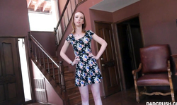 Step Daughter is standing on the knees and sucking a juicy cock