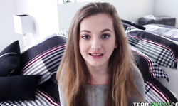 Long-haired Marissa Mae is getting down on the knees ...