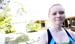 Redhead swimmer Ruby Red blows my boner by the pool