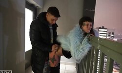 SPONTANEOUS SEXUAL INTERCOURSE WITH A STRANGER IN AN ELEVATOR,persists in ON A OUT-OF-DOORS BALCONY,continues IN THE ENTRANCE