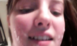 Small-boobed babe is getting load of sperm on her face