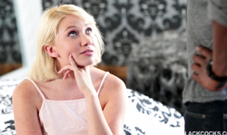 Blue-eyed blonde teen Zelda Morrison gives an interracial blowjob