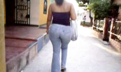 Awesome-looking big booty babe in very tight blue jeans