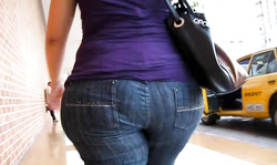 Filming a very sweet big booty babe in the tightest blue jeans