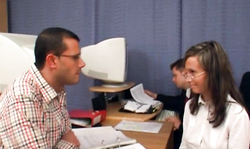 Slender slut secretary Creamed On Glasses by her work pals