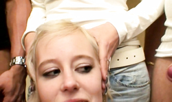 Rich blonde slut in denim miniskirt is getting Creamed On Glasses